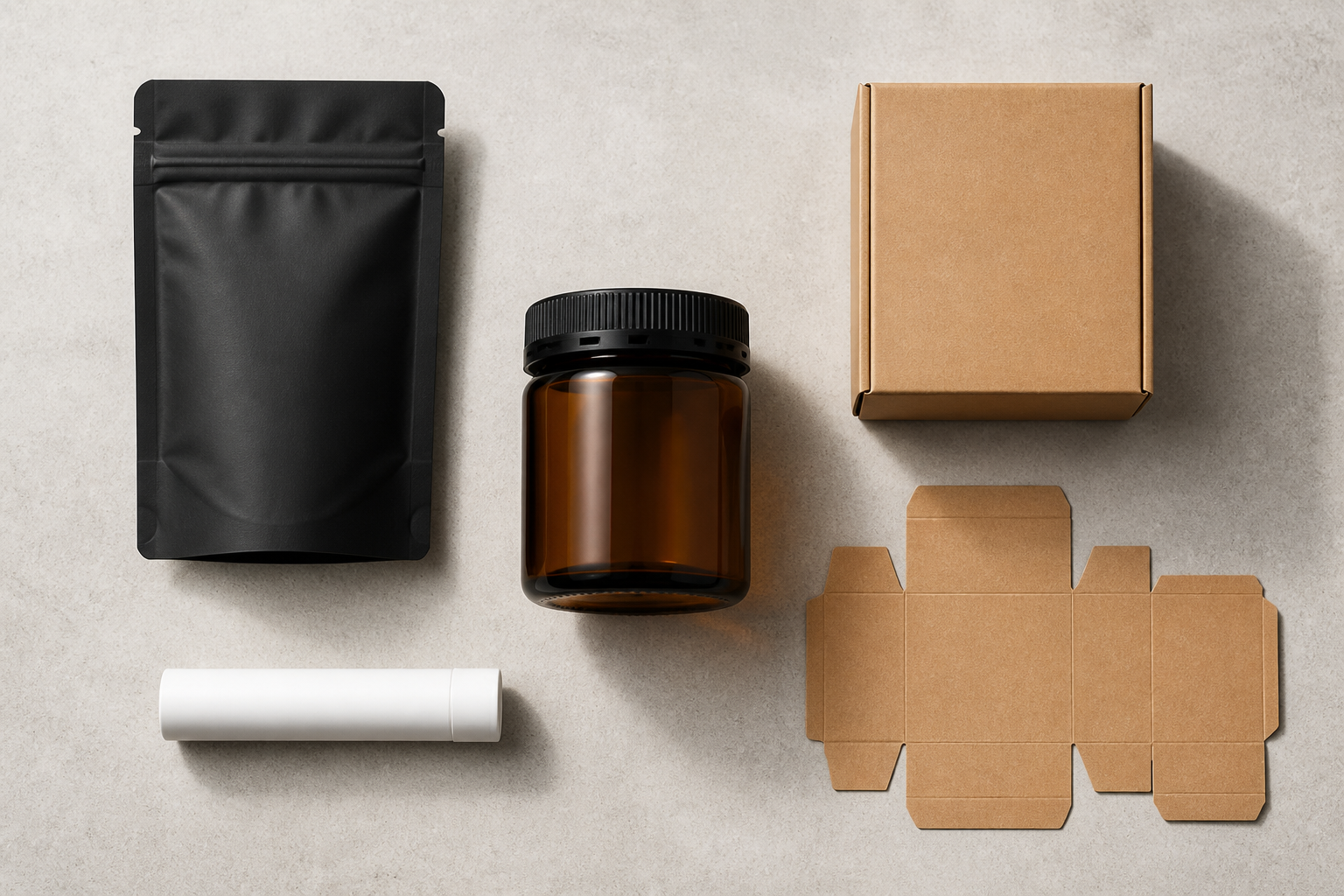 1788591757188193.png cannabis packaging samples flat lay - amber jar, mylar bag, kraft box and dieline template.png
